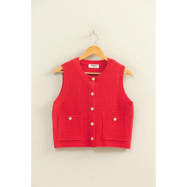 Textured Button-Front Vest with Pocket in Red