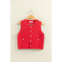 Textured Button-Front Vest with Pocket in Red