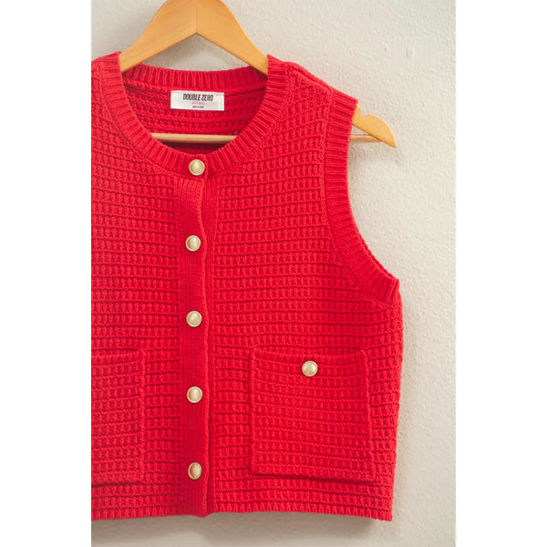 Textured Button-Front Vest with Pocket in Red