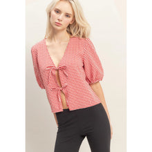 Gingham Bow Tie Puff Sleeve Blouse in Red
