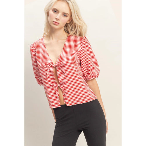 Gingham Bow Tie Puff Sleeve Blouse in Red