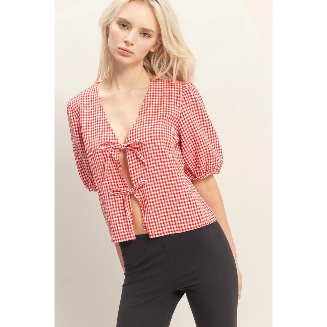 Gingham Bow Tie Puff Sleeve Blouse in Red