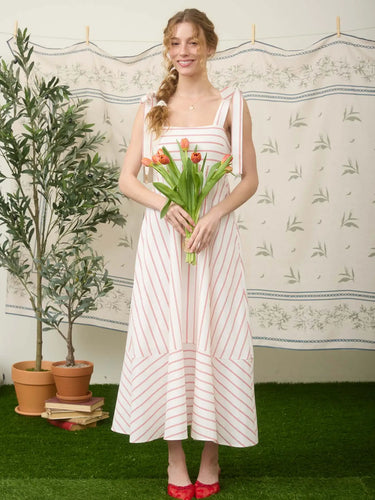 Stripe Tie Strap Detail Empire Waist Midi Dress in Red