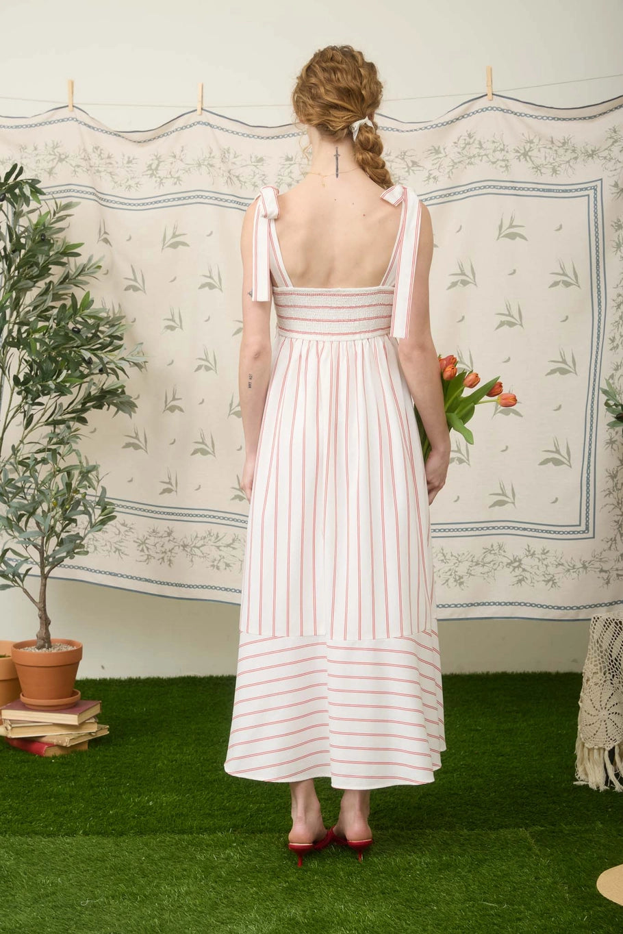 Stripe Tie Strap Detail Empire Waist Midi Dress in Red Stripe Tie Strap Detail Empire Waist Midi Dress in Red