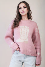 Cowboy Boots Graphic Print Knit Sweater in Dusty Rose