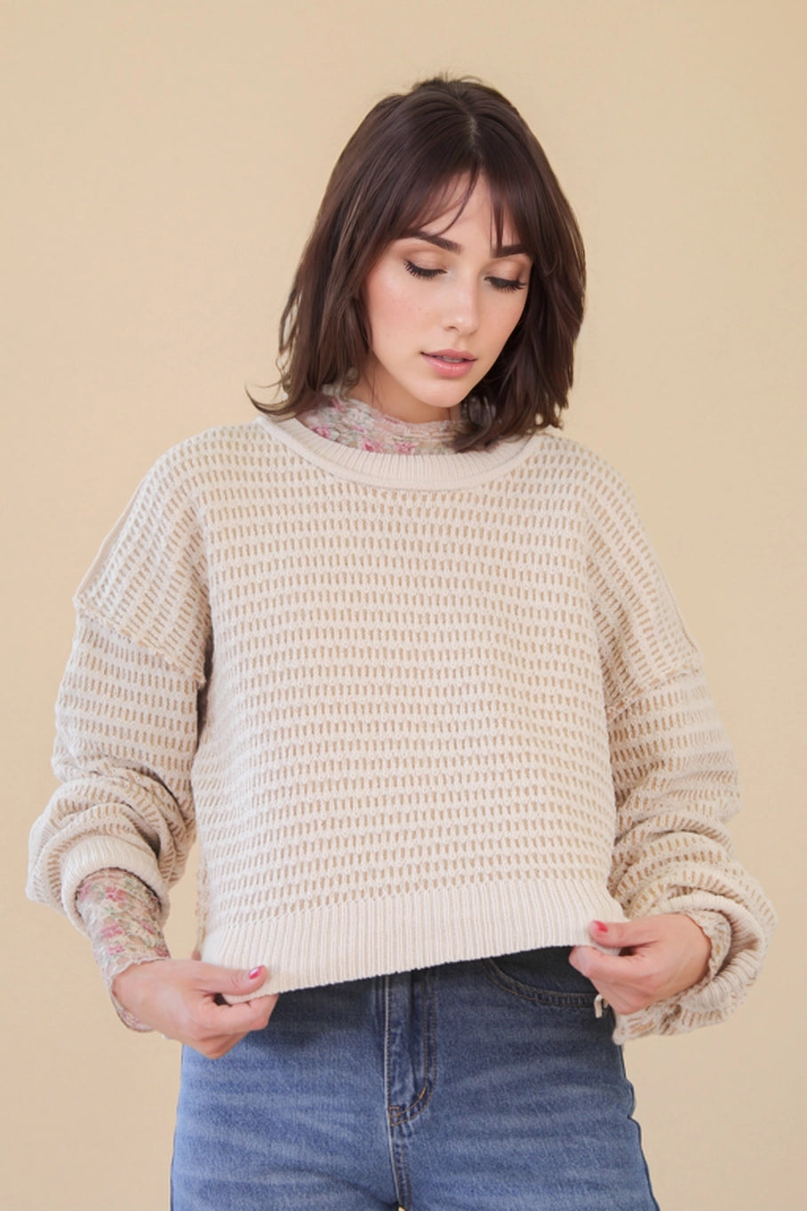 Two Tone Textured Knit Casual Sweater Top in Taupe