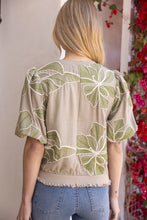 Voy Floral Embroidery Top W/Contrast Band in Olive