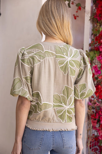 Voy Floral Embroidery Top W/Contrast Band in Olive