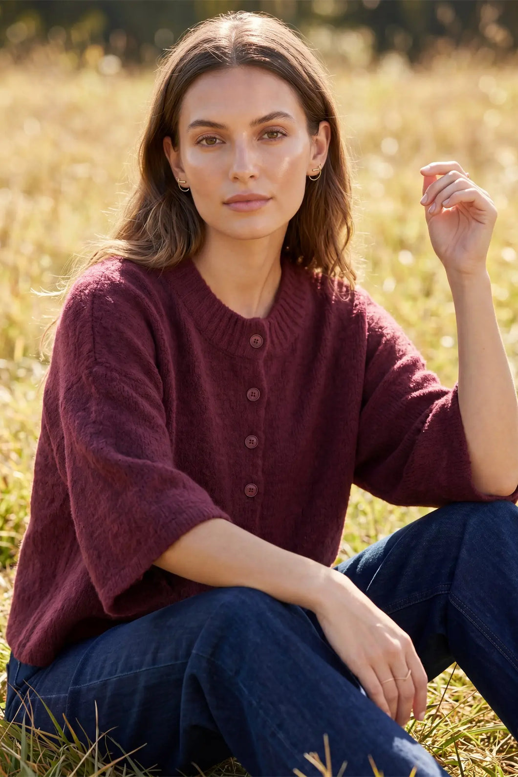 She + Sky Half Sleeve Button down Sweater in Wine